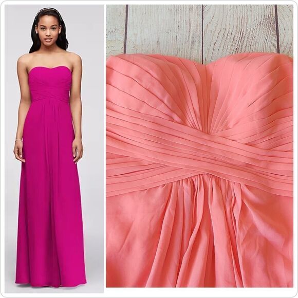 David's Bridal strapless pleated chiffon gown style# F15555 sz 4 - Picture 1 of 11
